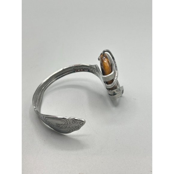 Flatware Jewelry Handcrafted Fork Bangle Bracelet Tiger Eye Stone Primitive - Picture 7 of 11